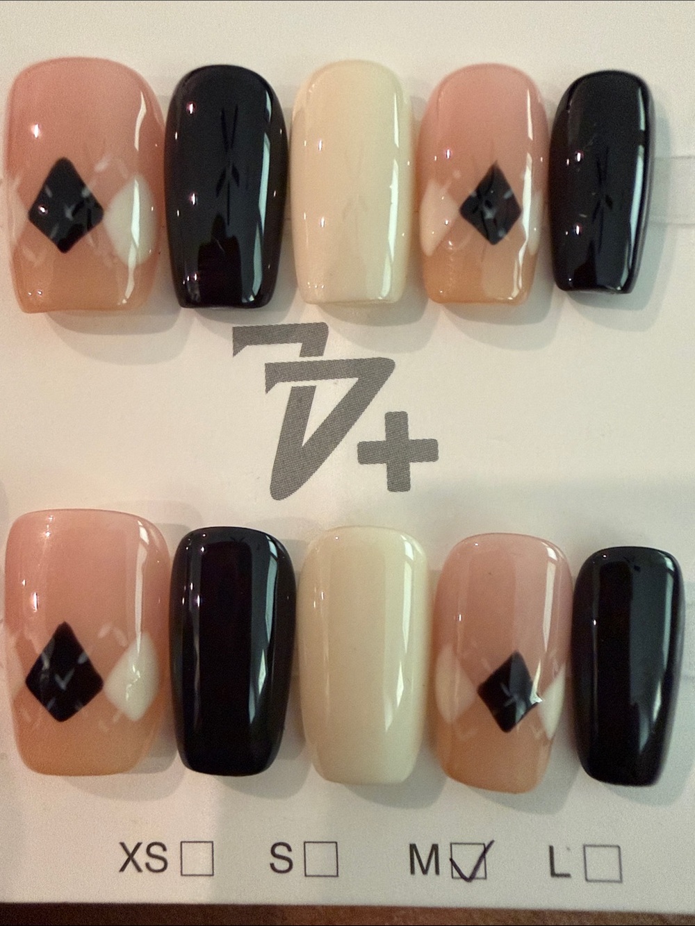 Neutral Pink & Black handmade press on acrylic Nail Set with Cream Accents